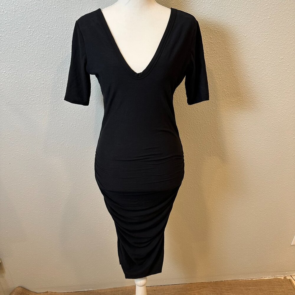 James Perse Standard Ruched V-Neck Jersey Dress - Black - Picture 5 of 11